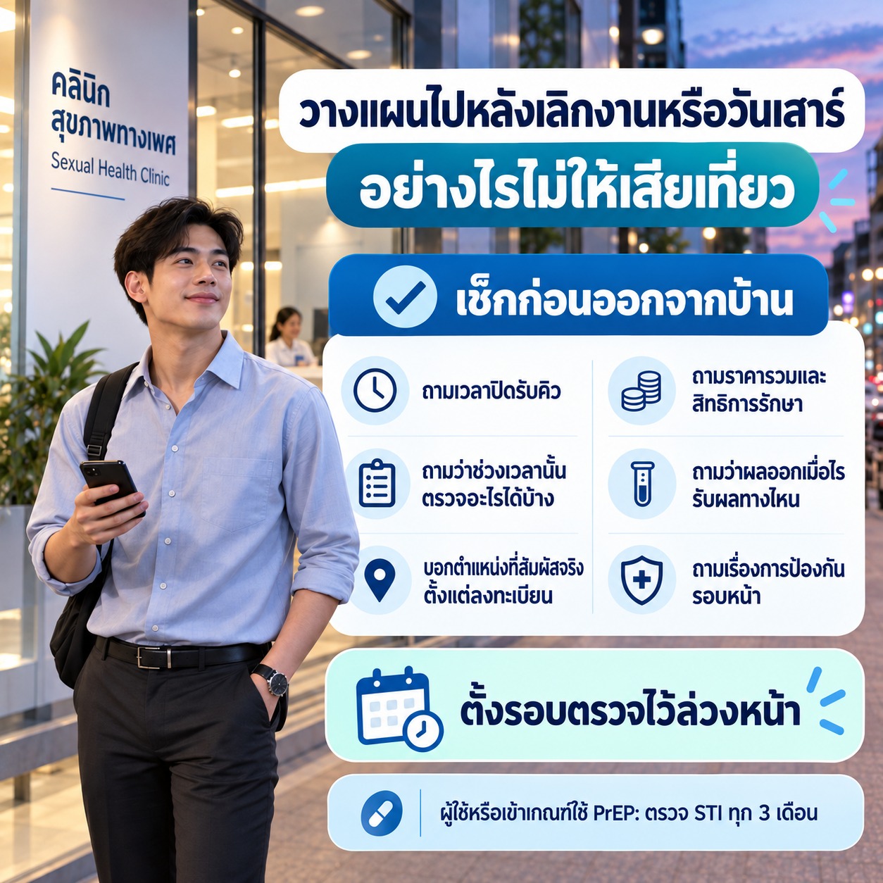 ภาพชายหนุ่มยืนหน้าคลินิกพร้อมเช็กลิสต์สำคัญก่อนเข้ารับบริการ เช่น เวลาปิดรับคิว รายการตรวจ ค่าใช้จ่าย และการรับผล